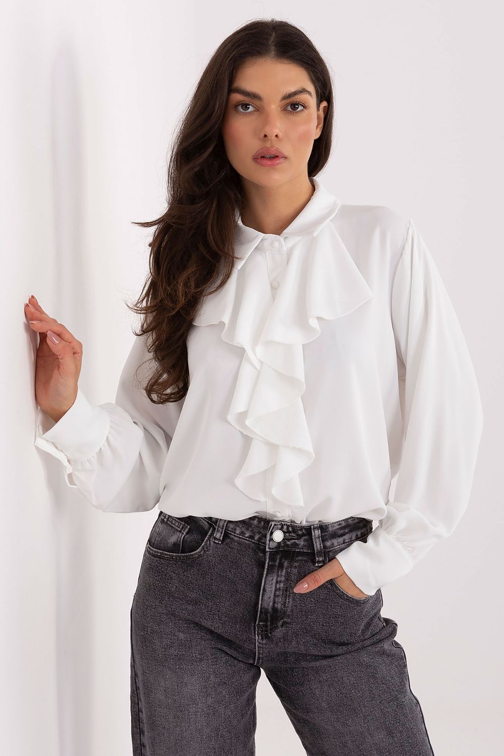 Elegant long sleeve women's shirt by Factory Price, crafted from high-quality polyester, featuring decorative jabot and puff sleeves for a luxurious look.