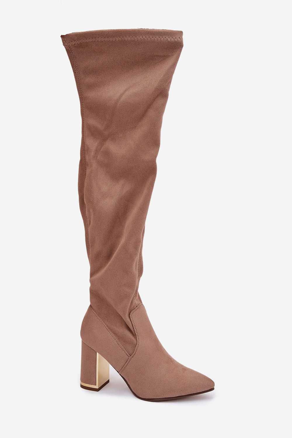 Sophisticated faux suede knee-high boots by Step in Style showcasing a column heel, ideal for stylish seasonal outfits.