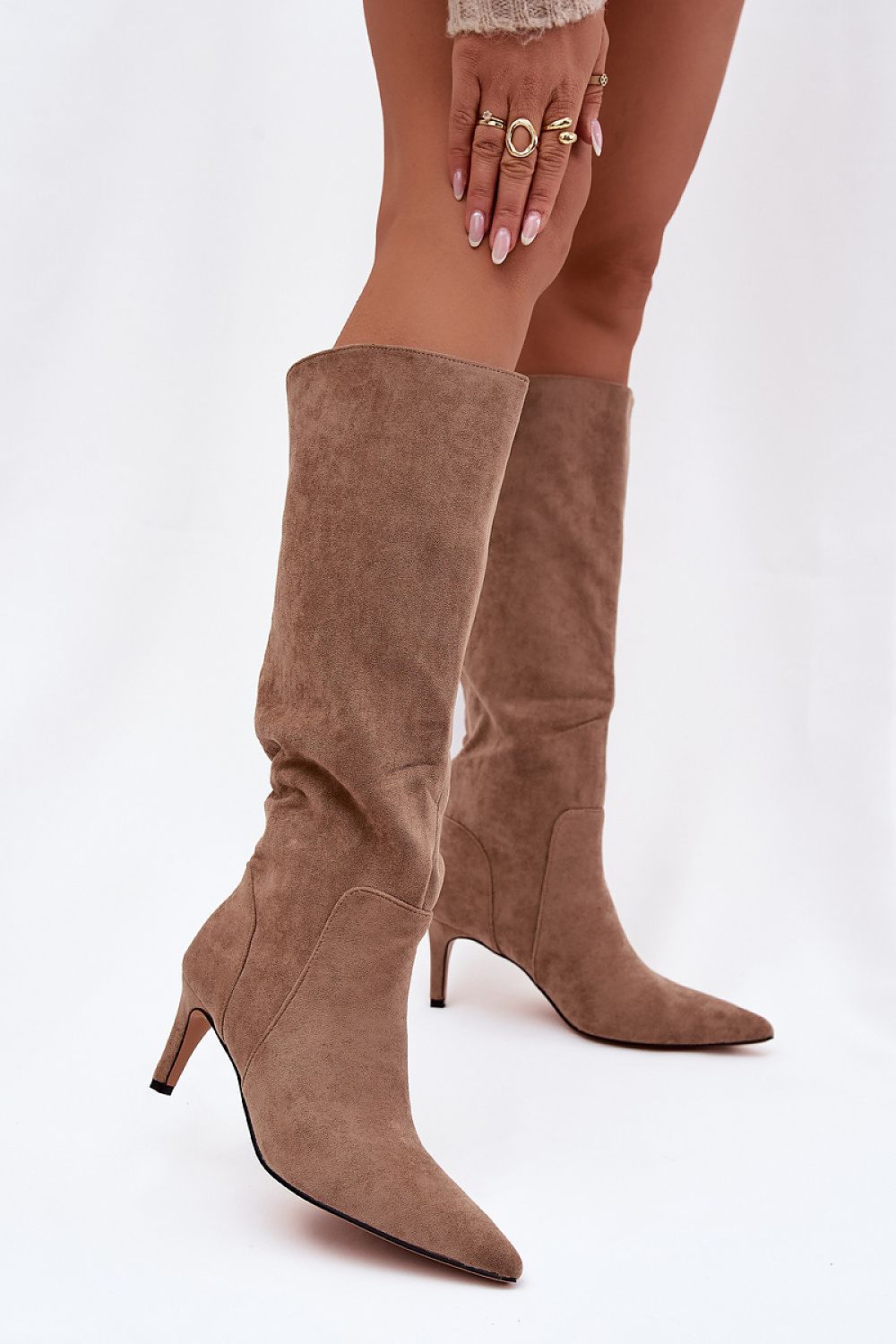 Close-up of soft eco-suede material on women's stiletto heel boots by Step in Style, offering a luxurious look for colder days.