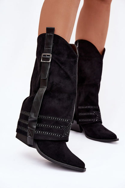 Luxury eco suede cowgirl heel boots by Step in Style featuring a decorative buckle strap, showcasing elegant western fashion in sizes EU 36-41.