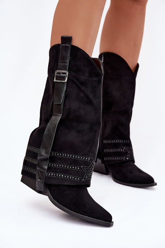 Luxury eco suede cowgirl heel boots by Step in Style featuring a decorative buckle strap, showcasing elegant western fashion in sizes EU 36-41.