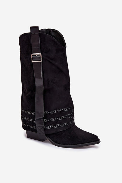 Pointed toe luxury eco suede cowgirl boots from Step in Style, designed with a stylish column heel and fashionable buckle strap for autumn-winter styling.