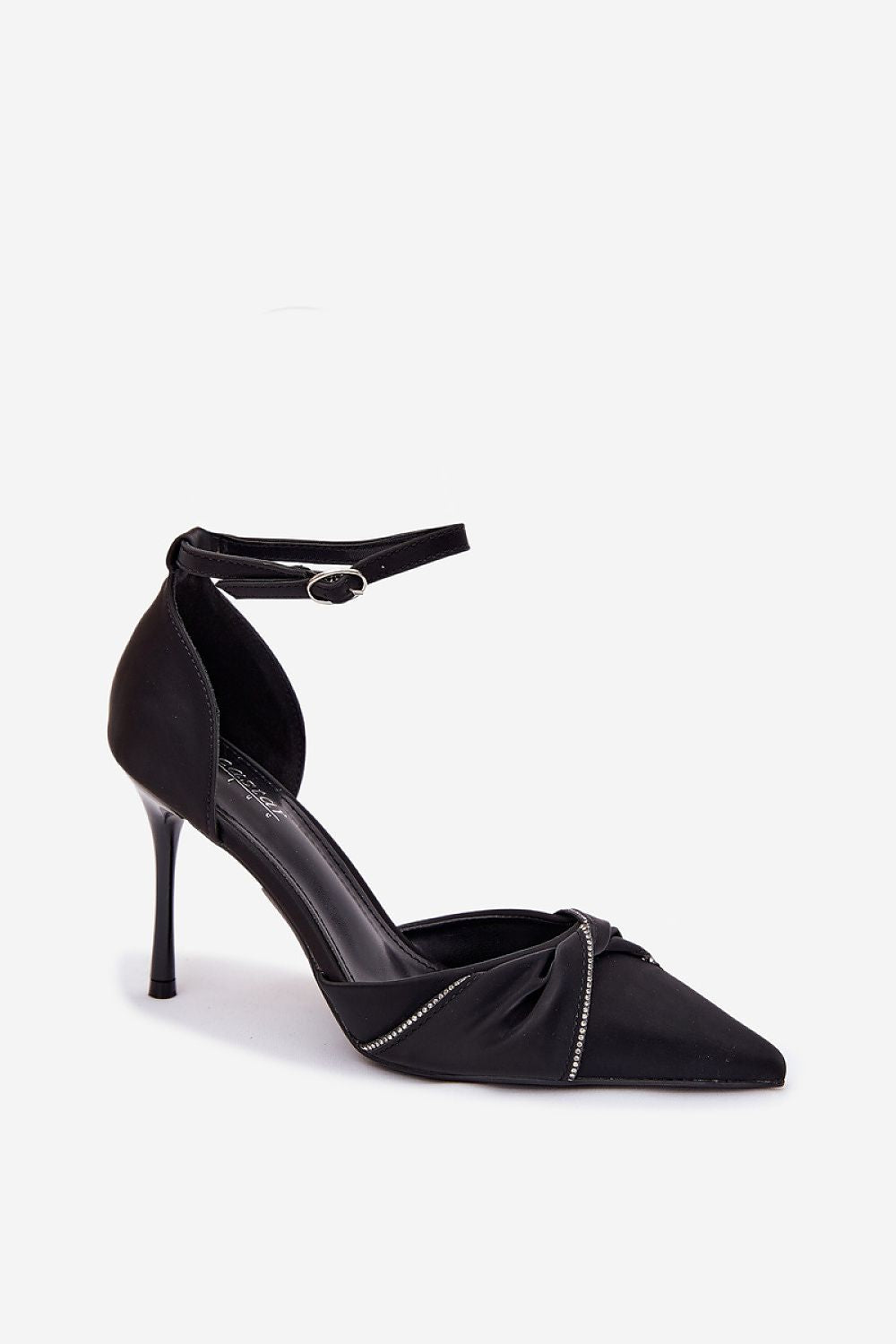 Close-up of Step in Style's luxury women's high heels showcasing delicate zircon embellishments and an adjustable buckle strap for a perfect fit.