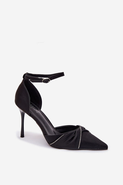 Close-up of Step in Style's luxury women's high heels showcasing delicate zircon embellishments and an adjustable buckle strap for a perfect fit.