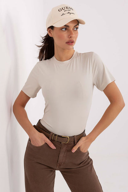Chic round neckline of the Sublevel casual blouse, emphasizing a sophisticated minimalist style for every day.