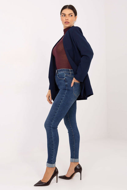 Sophisticated close-up of Factory Price high waist skinny jeans for women, highlighting the smooth fabric blend of cotton, polyester, and elastane.