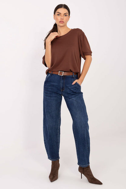 Model wearing Luxury Women's High Waist Tapered Jeans by Factory Price, demonstrating versatility for everyday chic outfits.