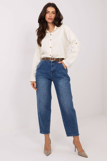 Luxurious Women's High Waist Balloon Fit Jeans by Factory Price, featuring a comfortable cotton blend, 7/8 length design, and stylish tapered legs. Perfect for casual elegance.