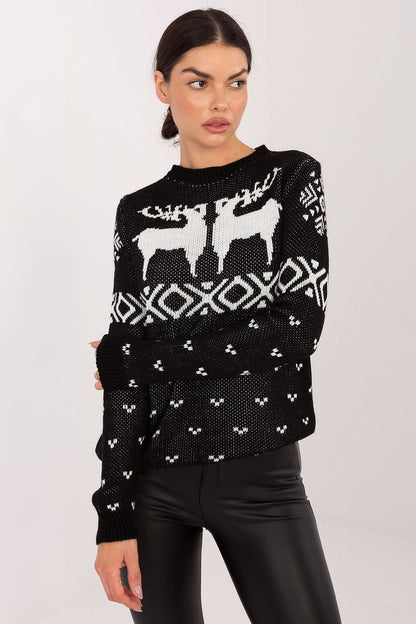 Italy Moda luxury women's casual sweater featuring a heart and reindeer print on soft acrylic, ideal for festive occasions.
