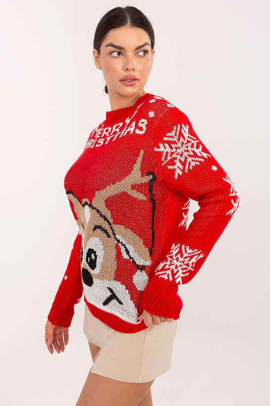 Elegant women's acrylic sweater with long sleeves and round neckline from Italy Moda, adorned with seasonal snowflake designs.