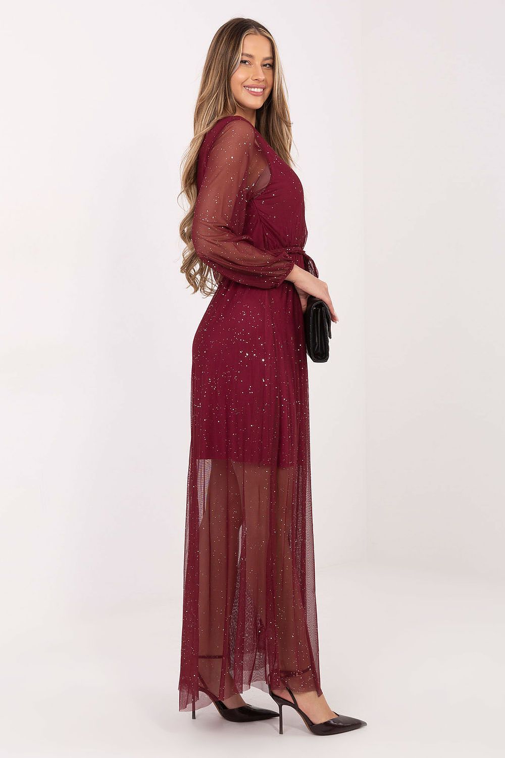 Close-up of the luxurious mesh fabric and tie belt detail on Italy Moda's elegant long maxi dress, ideal for formal events.