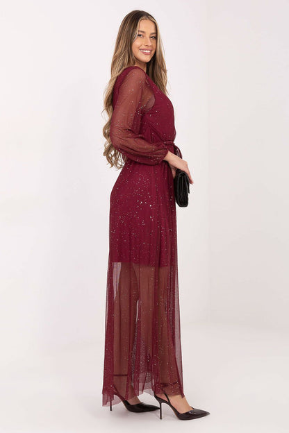 Close-up of the luxurious mesh fabric and tie belt detail on Italy Moda's elegant long maxi dress, ideal for formal events.