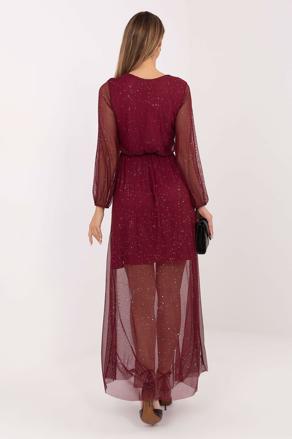 Rear view of Italy Moda's chic long mesh maxi dress showcasing the flared silhouette and delicate long sleeves, perfect for evening wear.