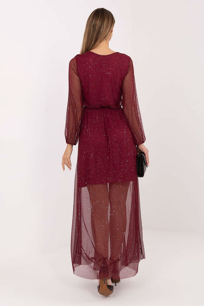 Rear view of Italy Moda's chic long mesh maxi dress showcasing the flared silhouette and delicate long sleeves, perfect for evening wear.