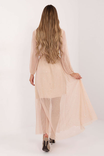 Front view of Italy Moda's stylish long maxi dress, featuring an elegant round neckline and shimmering elements, perfect for special occasions.