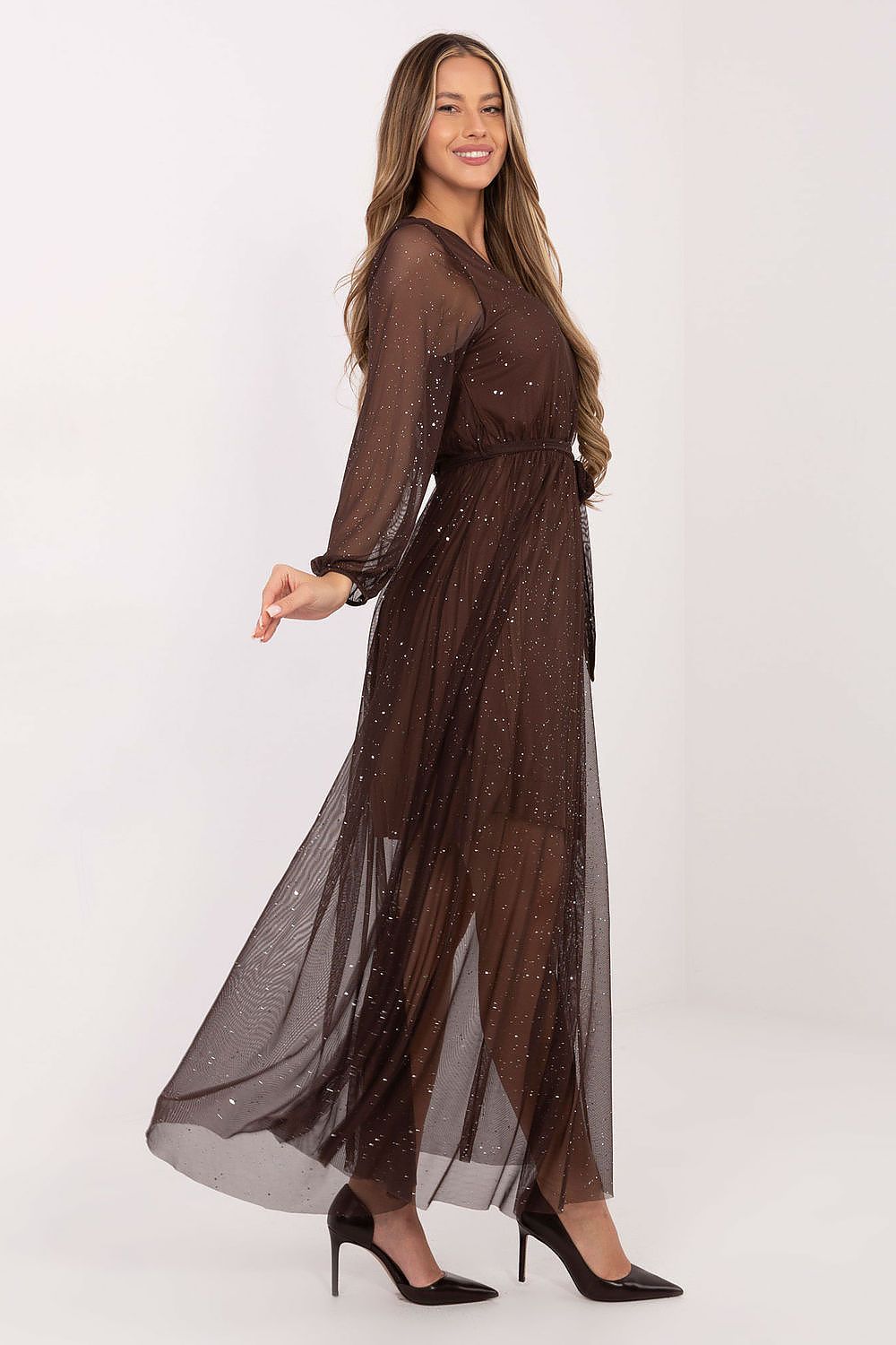 Back view of the Italy Moda elegant long mesh maxi dress highlighting the delicate mesh sleeves and chic design.