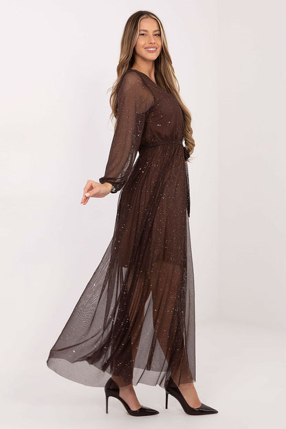 Back view of the Italy Moda elegant long mesh maxi dress highlighting the delicate mesh sleeves and chic design.