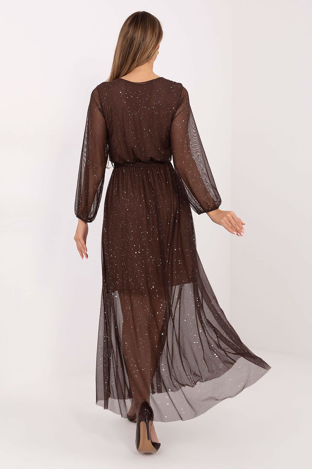 Stylish full view of the Italy Moda maxi dress, demonstrating its luxurious feel and graceful flow.