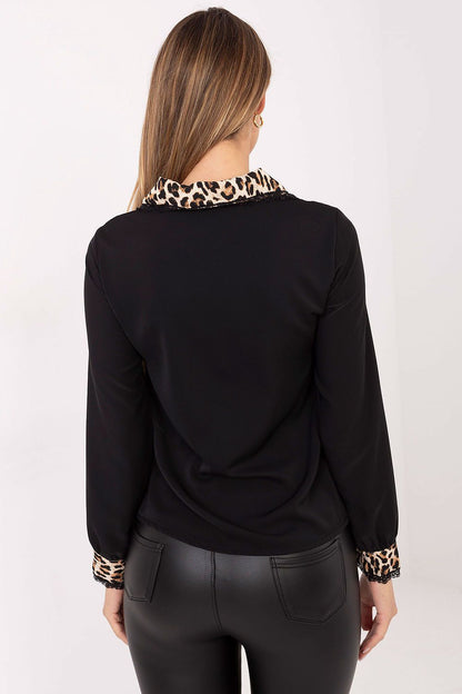 Elegant women's long sleeve shirt with animal print accents by Italy Moda, showcasing a classic collar and lace details, perfect for sophisticated office wear.
