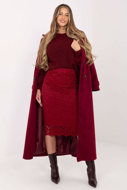 Back view of the elegant lace midi skirt by Italy Moda, highlighting the comfortable elastic waistband and chic silhouette.