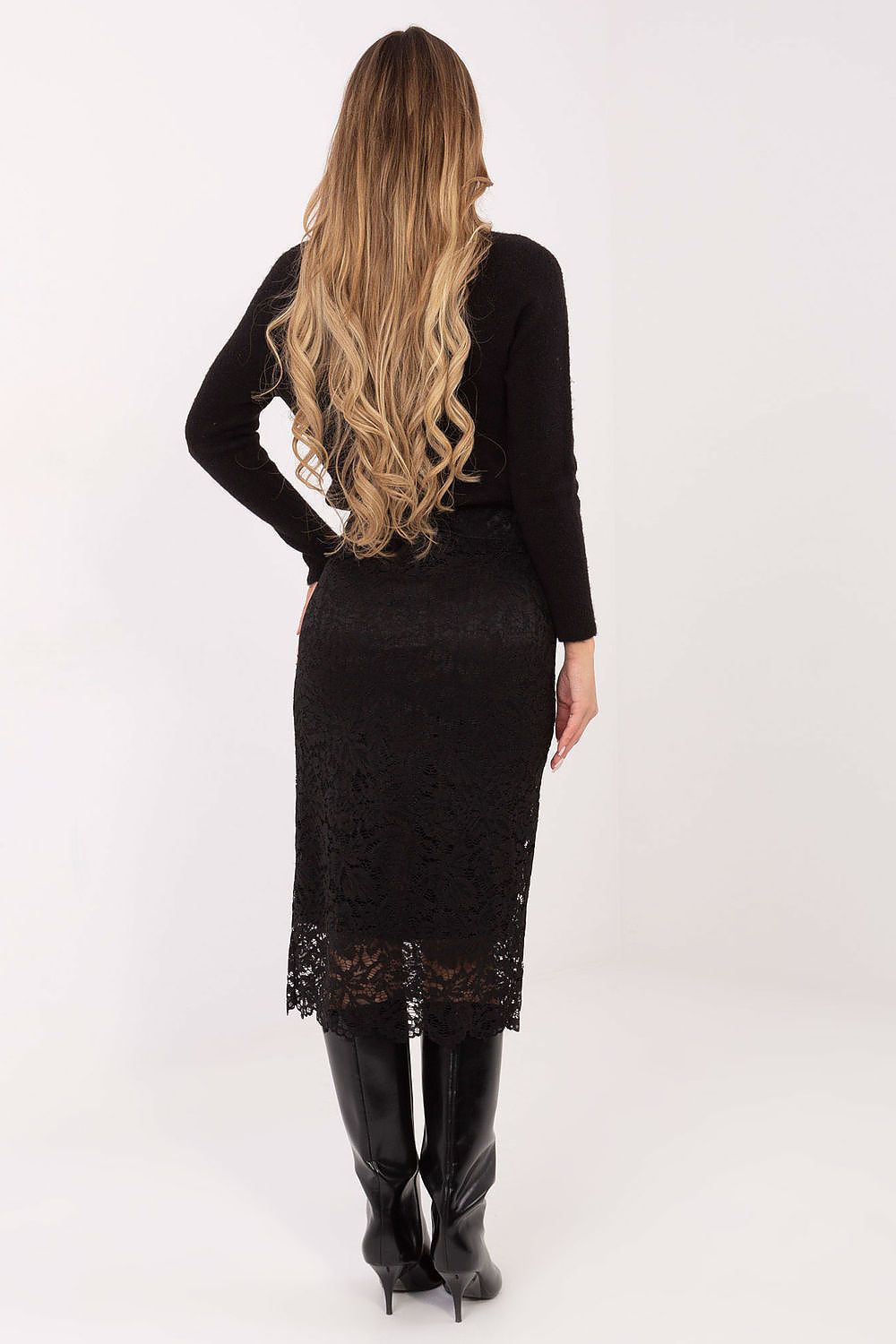 Model wearing the Elegant Lace Midi Skirt by Italy Moda, demonstrating the versatile styling options for everyday and elegant occasions.