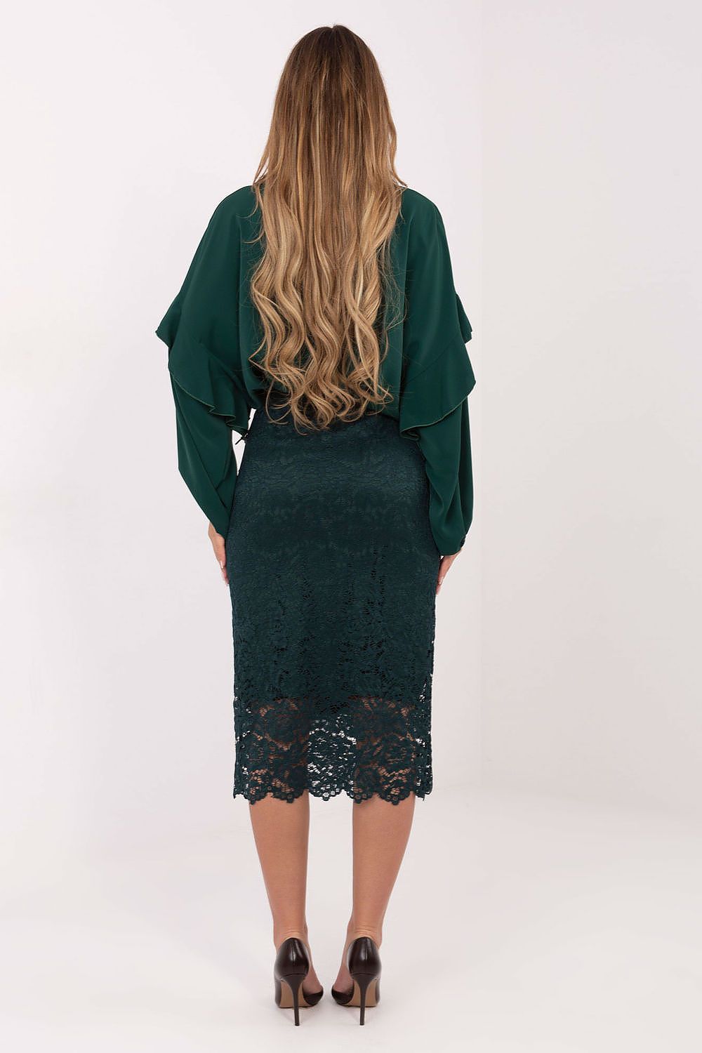 Elegant Lace Midi Skirt by Italy Moda displayed elegantly, showcasing its intricate lace detailing and comfortable fit, perfect for versatile styling.