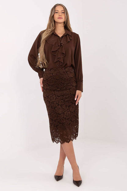 Close-up of the intricate lace pattern on the Elegant Lace Midi Skirt by Italy Moda, highlighting its luxurious texture and feminine charm.