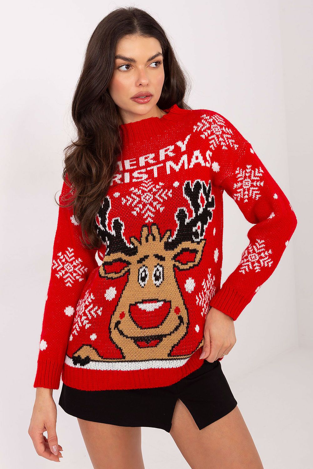 Elegant women's holiday jumper by Italy Moda featuring a soft acrylic and polyamide blend, showcasing a turtleneck design and festive holiday print, perfect for both casual and formal occasions.