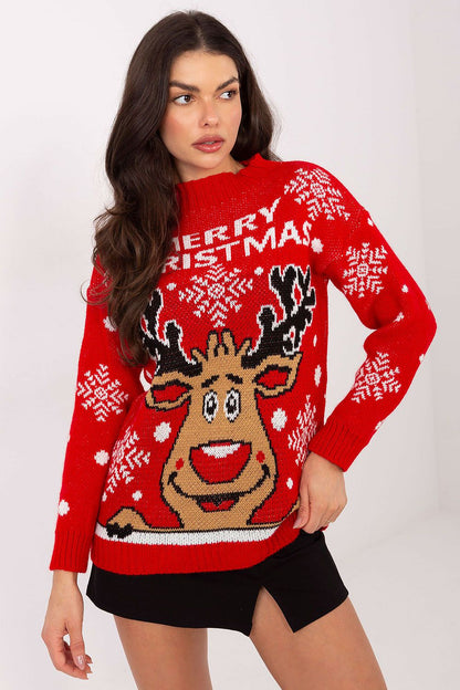 Elegant women's holiday jumper by Italy Moda featuring a soft acrylic and polyamide blend, showcasing a turtleneck design and festive holiday print, perfect for both casual and formal occasions.