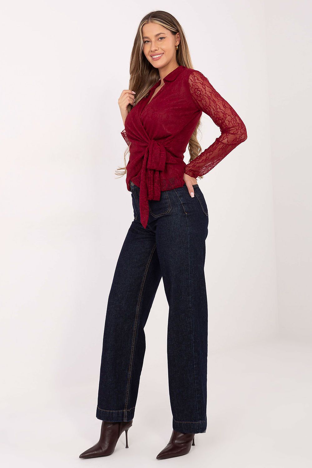 Elegant Lace Blouse With Wrap Neckline by Italy Moda, showcasing delicate lace design and stylish tie accent, perfect for formal occasions.