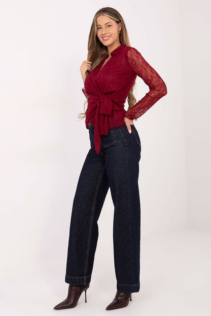 Elegant Lace Blouse With Wrap Neckline by Italy Moda, showcasing delicate lace design and stylish tie accent, perfect for formal occasions.