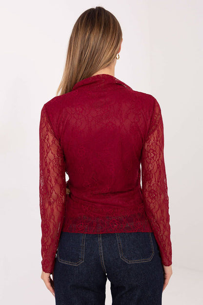 Close-up view of the Elegant Lace Blouse With Wrap Neckline by Italy Moda, highlighting intricate lace texture and feminine charm.