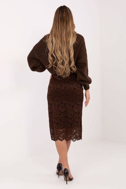 Full view of the Elegant Lace Midi Skirt by Italy Moda, emphasising its versatile styling options and elegance for both casual and formal events.