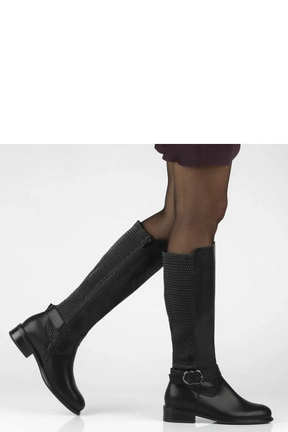 Close-up view of Filippo's Zendaia women's black thigh-high boots showcasing the sophisticated decorative buckle, designed for versatile styling and comfort.