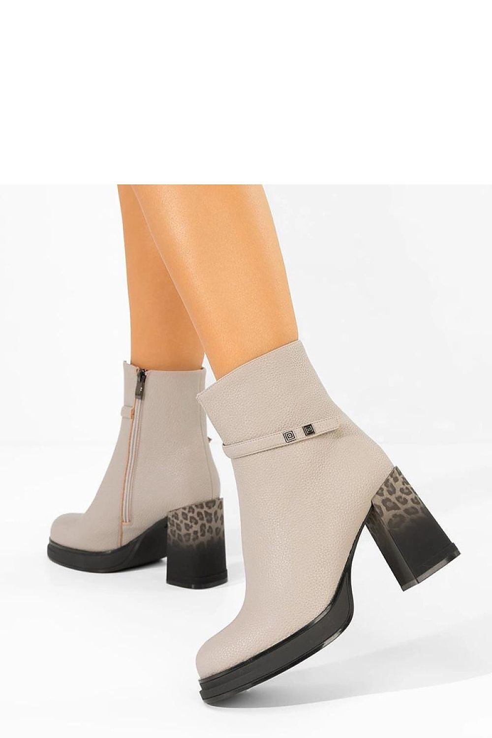 Solea luxurious Brenna gray ankle boots with a striking leopard print heel, perfect for fashionable women seeking elegance and comfort.