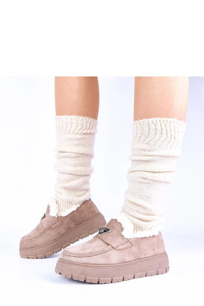 Close-up of Solea dark beige women's moccasins with luxurious faux suede and plush fur lining, perfect for winter elegance.