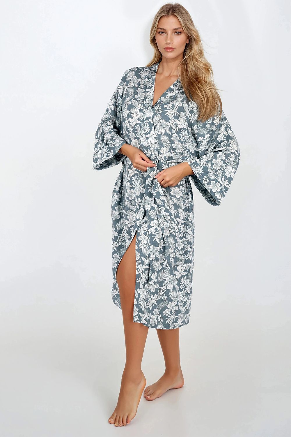 Luxury women's viscose bathrobe from Momenti Per Me, showcasing elegant design with a loose fit, wide sleeves, and delicate fabric perfect for comfort and style.