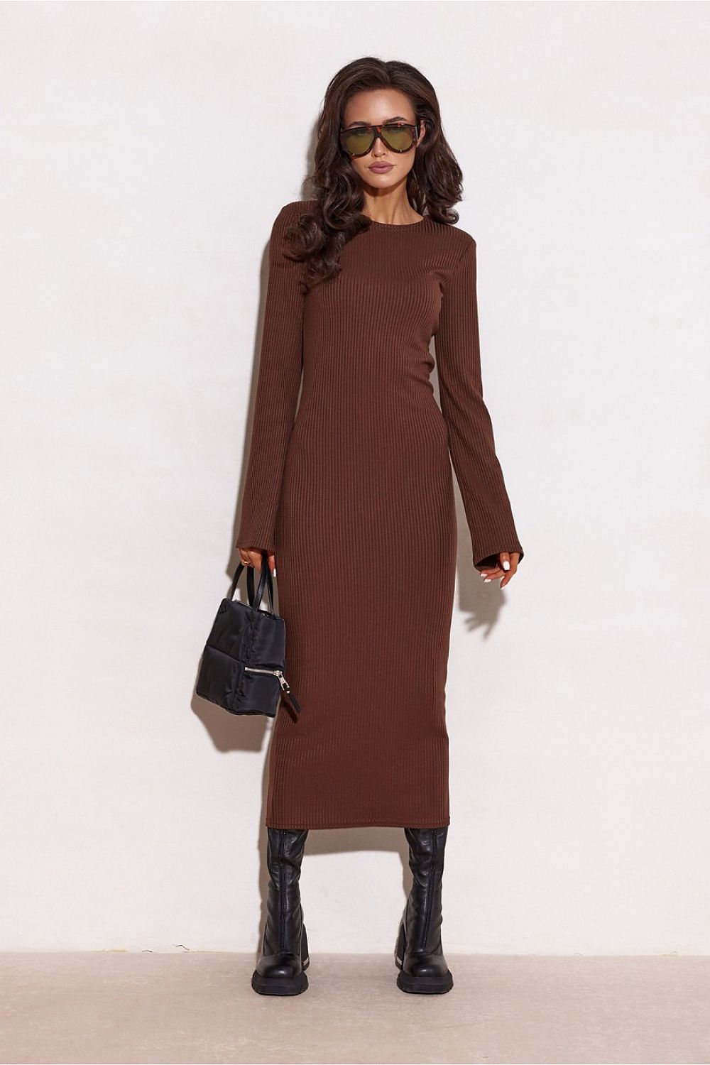 Stylish outfit featuring the Elegant Knit Daydress by Roco Fashion paired with chic boots, perfect for autumn.