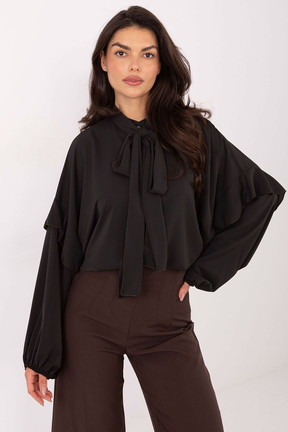 Elegant women’s collarless shirt by Factory Price, featuring lightweight ruffle design, long sleeves, and a decorative neckline, ideal for sophisticated outfits.