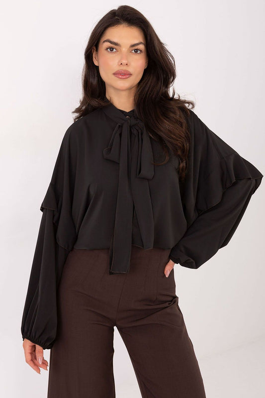 Elegant women’s collarless shirt by Factory Price, featuring lightweight ruffle design, long sleeves, and a decorative neckline, ideal for sophisticated outfits.