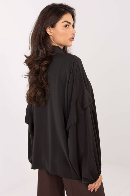 Luxury elegant collarless long sleeve women's shirt by Factory Price, featuring a lightweight ruffle design and decorative neckline.