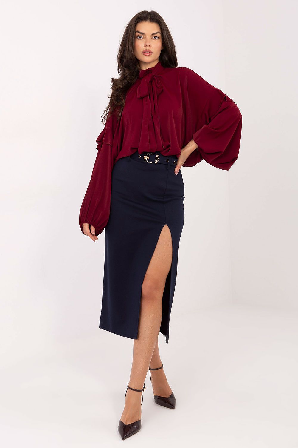 Elegant collarless long sleeve women's shirt in size EU 0 by Factory Price, featuring lightweight ruffle design with puffy sleeves and decorative neckline for a luxurious look.
