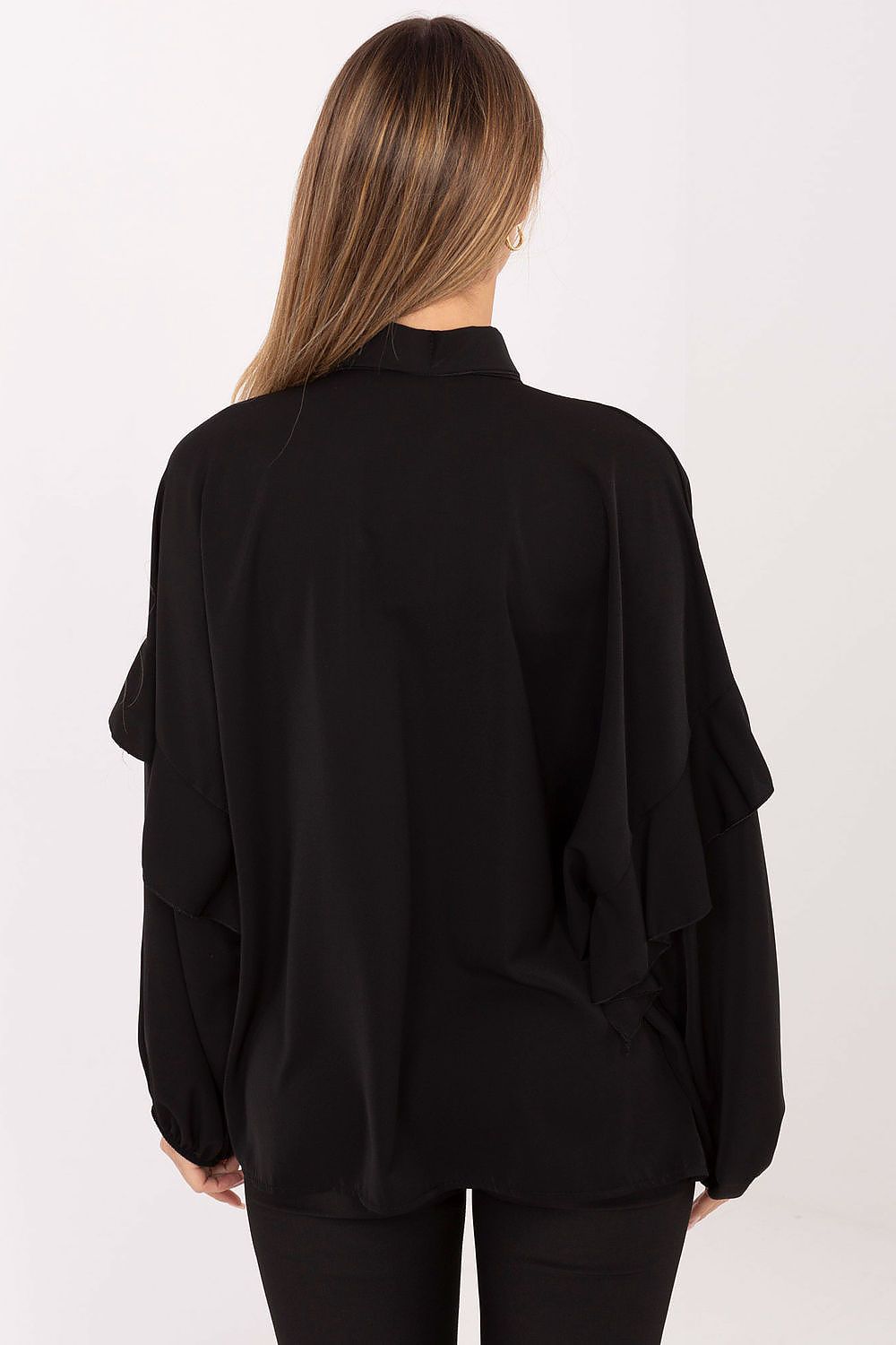 Elegant collarless long sleeve women's shirt by Factory Price, featuring a lightweight ruffle design in pristine polyester fabric.