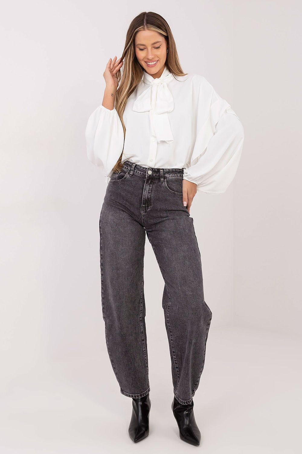 Chic view of the collarless long sleeve women's shirt from Factory Price, showcasing the subtle ruffle detail and feminine neckline.