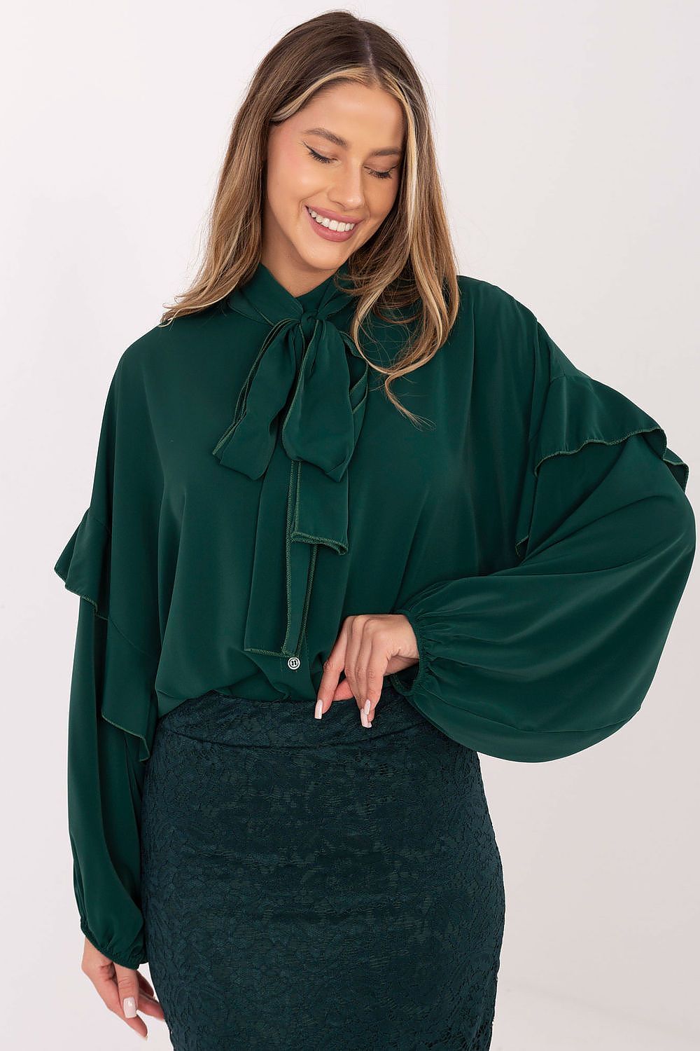 Elegant collarless long sleeve women's shirt by Factory Price, featuring a lightweight ruffle design, perfect for both casual and formal wear.