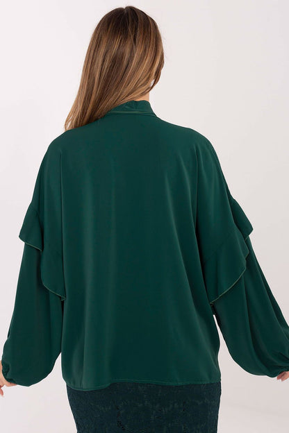 Sophisticated women's shirt without collar, designed by Factory Price, boasting a ruffle design and long puffy sleeves for an elegant appearance.