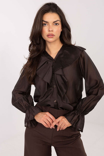 Elegant women's long sleeve V-neck shirt with frilled puffy sleeves, made from a soft Tencel blend, by Factory Price.