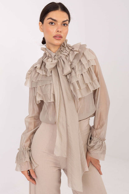 Elegant women's long sleeve shirt with stand-up collar and flounce sleeves from Factory Price, made of soft Tencel-polyester blend, showcasing timeless design.