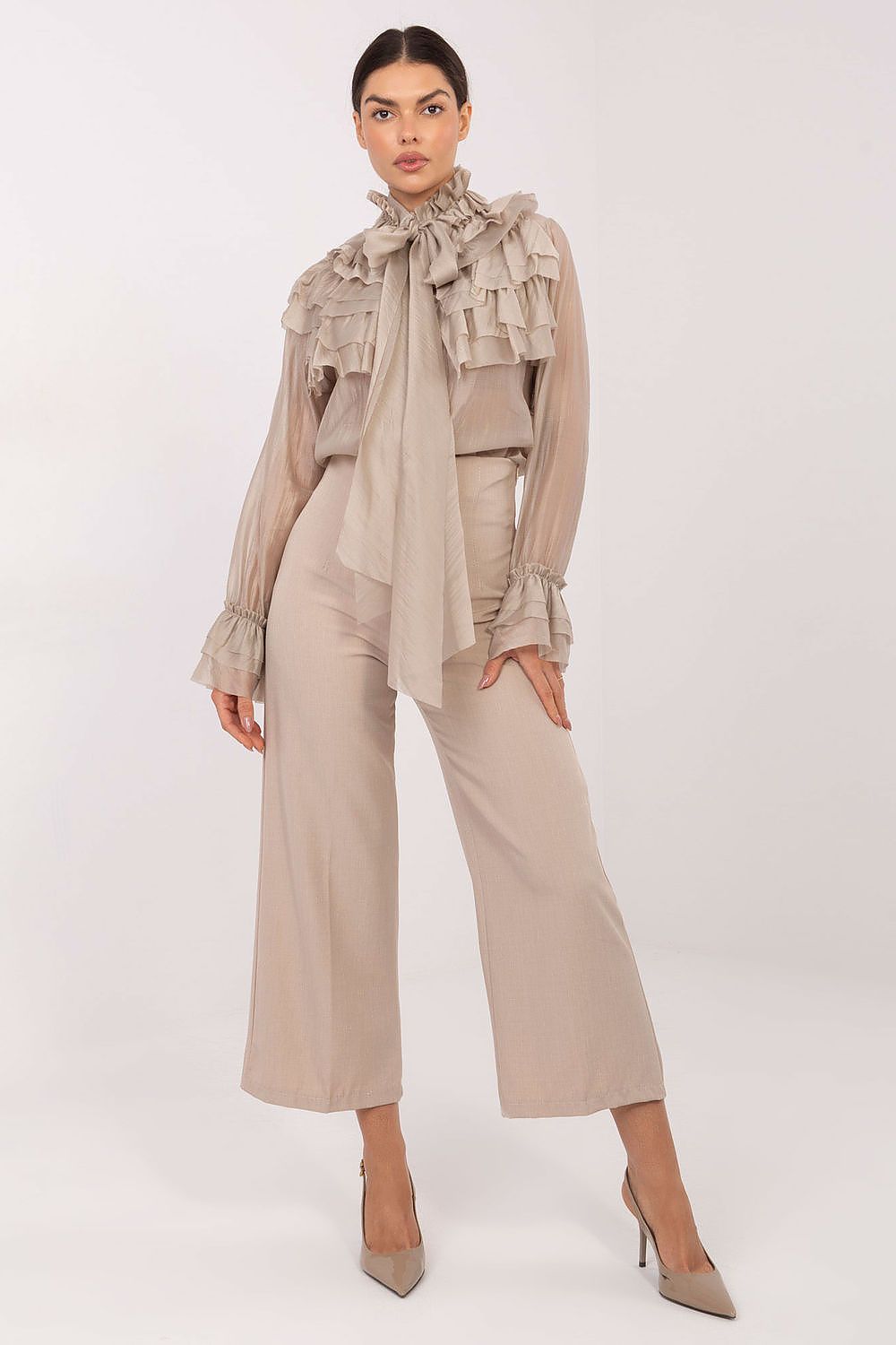 Close-up detail of an elegant women's long sleeve shirt with jabot tie and flounce sleeves by Factory Price, highlighting high-quality Tencel-polyester blend fabric.