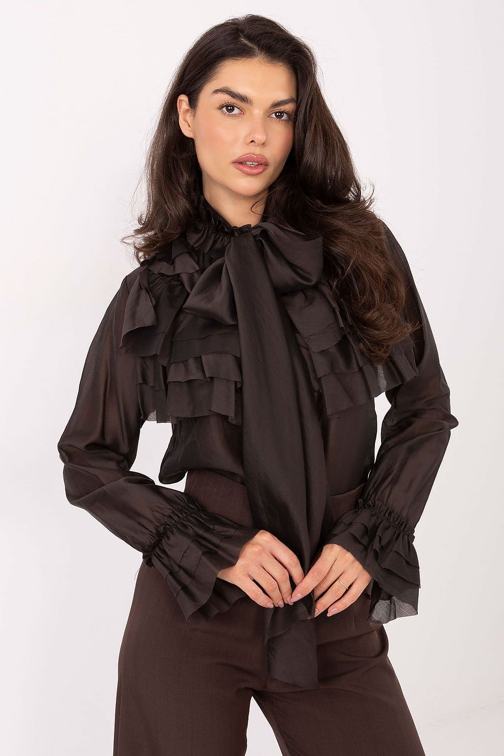 Elegant women's long sleeve shirt with button closure, long sleeves, and jabot detail by Factory Price, perfect for stylish and comfortable wear.